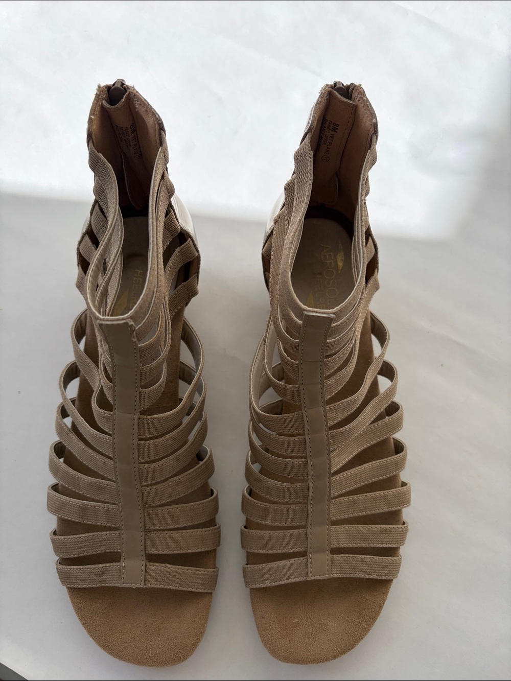 Aerosols  Strappy Gladiator Sandals taupe size 8 zipper enclosure EUC